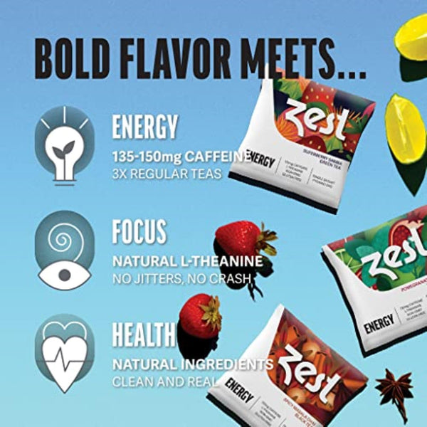 Zest 135-150Mg High Caffeine Energy Leaf Blends - Variety Mini Sampler Pack - Black Tea & Green Tea - 6 Tea Bags - Natural Strong Flavored Healthy
