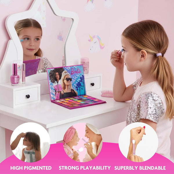 Barbie 35-Well Shadow Palette, Shimmery and Opaque Colors, Pigmented Blendable, 8 Application Brushes Ages 8+, Perfect for Parties, Sleepovers &