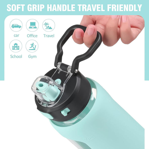 Kodrine 32 Oz Glass Water Bottle with Straw and Carry Loop, One-Touch Leakproof Locking Lid, Reusable Drinking Bottle with Time Marker for Travel