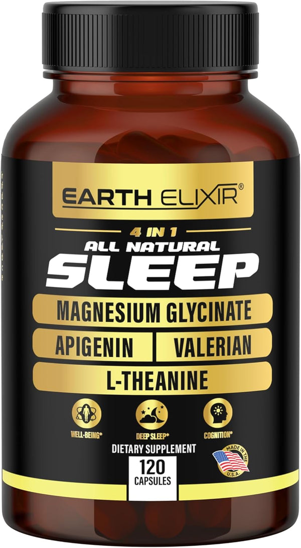 4-In-1 Sleep Aid (120 Caps) W/Apigenin 50Mg, Magnesium Glycinate 200Mg, L Theanine 200Mg & Valerian Root for Sleep Aid 300Mg | Apigenin Supplement