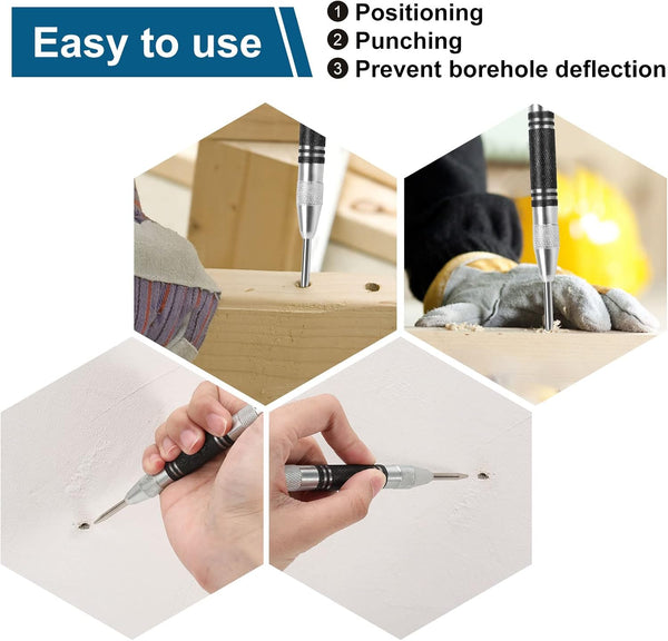 2Pcs Heavy Duty Automatic Center Punch, 5'' Premium Steel Spring Loaded Center Hole Punch, Adjustable Spring Impact Center Marker Scriber Tool for