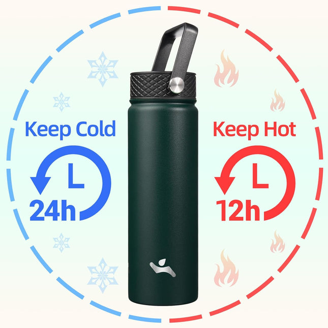 22Oz Stainless Steel Bottles with 3 Lids Sport Insulated Water Bottle,Army Green