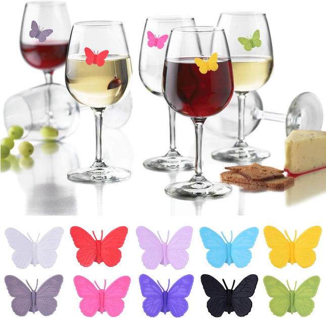 ALYC Wine Glass Markers Set of 10 Silicone Drink Glass Charms &Wine Charm Tags with Suction Cup (Butterfly Assorted)