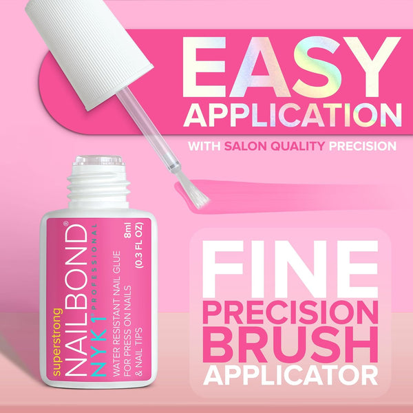 Super Strong Nail Glue for Press on Nails, Nail Tips & Acrylic Nails (8Ml) NYK1 Nailbond Brush on Glue for Press Ons, Tips & Acrylics - Long