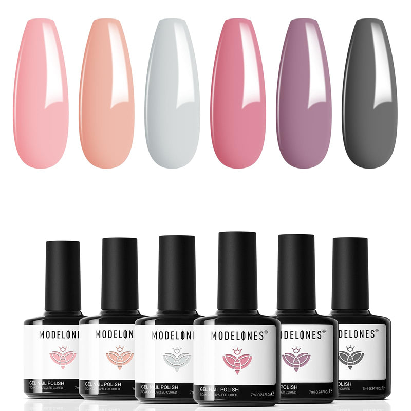 Modelones Gel Polish Nail Kit, 6 Colors 7Ml Popular Nude Pink Neutral Blue Glitter Nail Polish Set Nail Art LED Manicure DIY Salon Gifts