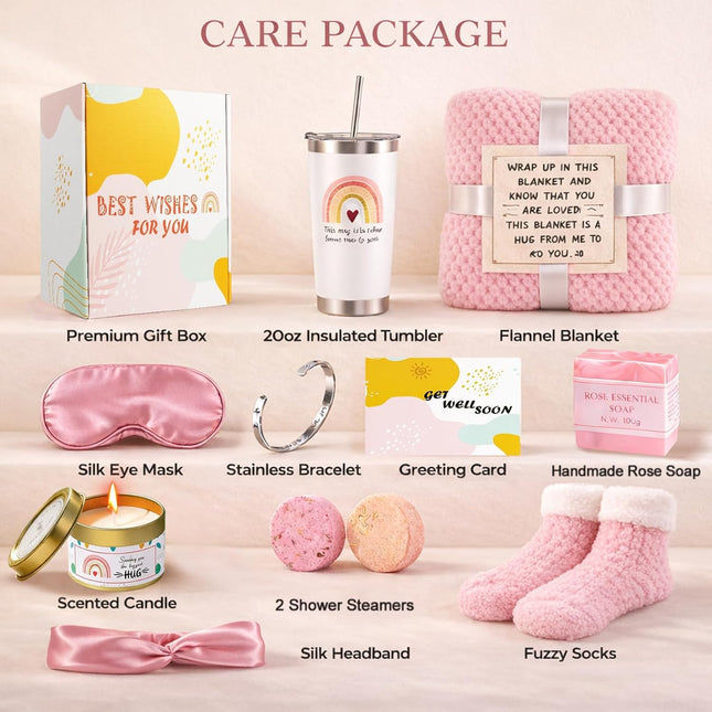 Get Well Soon Care Package for Women, 12 Pcs Deluxe Self-Care Gift Box with Pink Cozy Blanket, Tumbler, Candle & Spa Fee