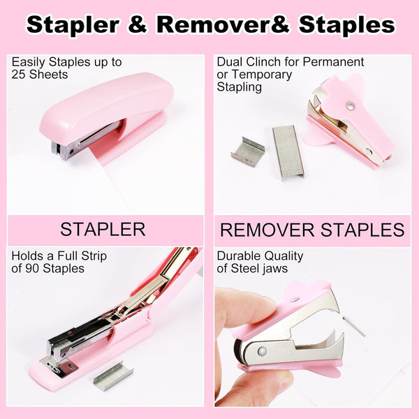 Pink Desk Organizers and Accessories 10Pcs Set with 360-Degree Rotating Pen Holder, Tape Dispenser, Stapler, Staple Remover, 1000 Staples, Tape,