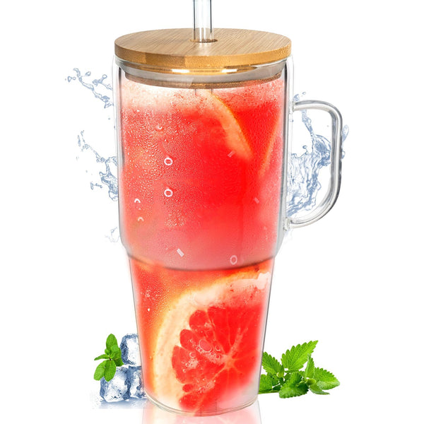 ANOTION Glass Cups with Lids and Straws - 40 Oz Tumbler with Handle and Straw Glass Water Bottles Drinking Glasses with Straws Iced Coffee Cups