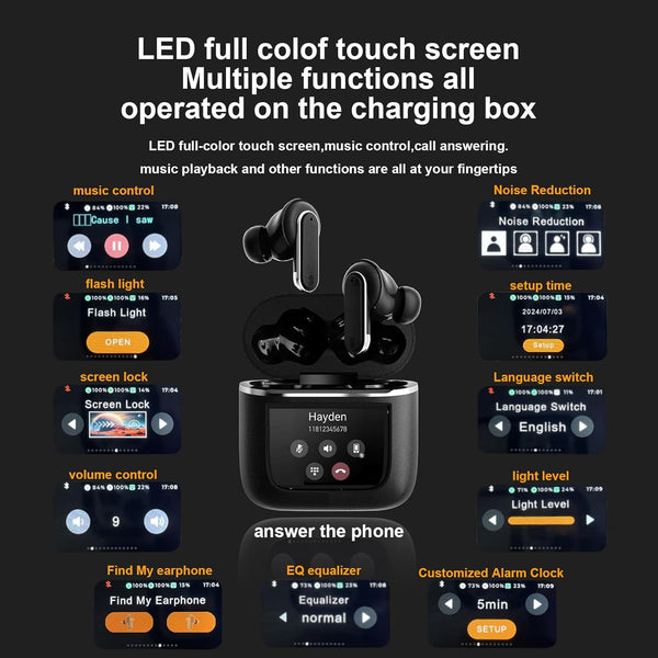 Smart Touchscreen Wireless Bluetooth 5.3 Headset, Super Smart Noise Canceling Earbuds, In-Ear Earbuds with Ear Caps, IPX56 Water Resistant, for