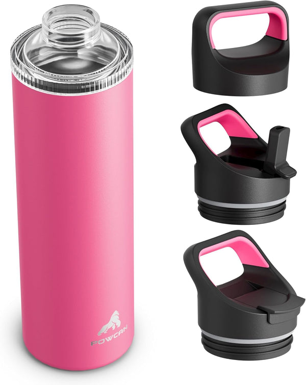 24 Oz Insulated Water Bottle for Sports: 3 Lids, Leakproof, Keep Cold 24H, Car Cupholder Friendly, Stainless Steel Water Flask with Straw and
