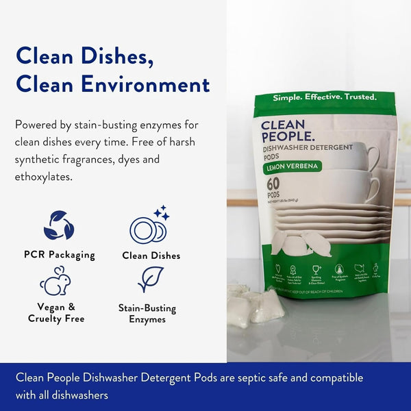 The Clean People Dishwasher Pods - Cuts Grease & Rinses Sparkling Clean - Residue-Free - Phosphate Free Dishwashing Pods - Lemon, 60 Pack