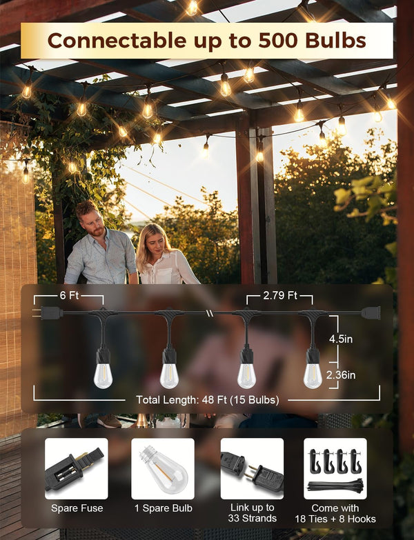 XMCOSY+ 48FT Outdoor String Lights Waterproof - LED Patio Hanging Lights for Outside Porch Backyard Gazebo Garden, Commercial Grade 16 Edison