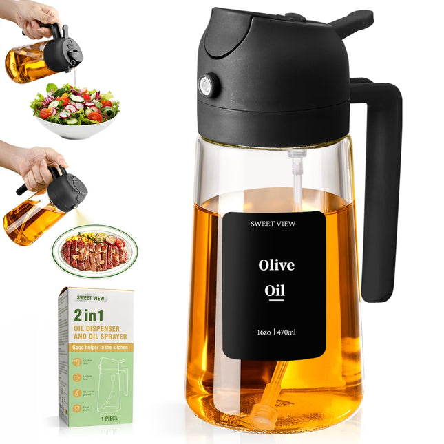 Olive Oil Sprayer for Cooking, 470Ml 2 in 1 Glass Oil Dispenser/Pour Bottle, Kitchen Accessories, Kitchen Gadgets for Ai