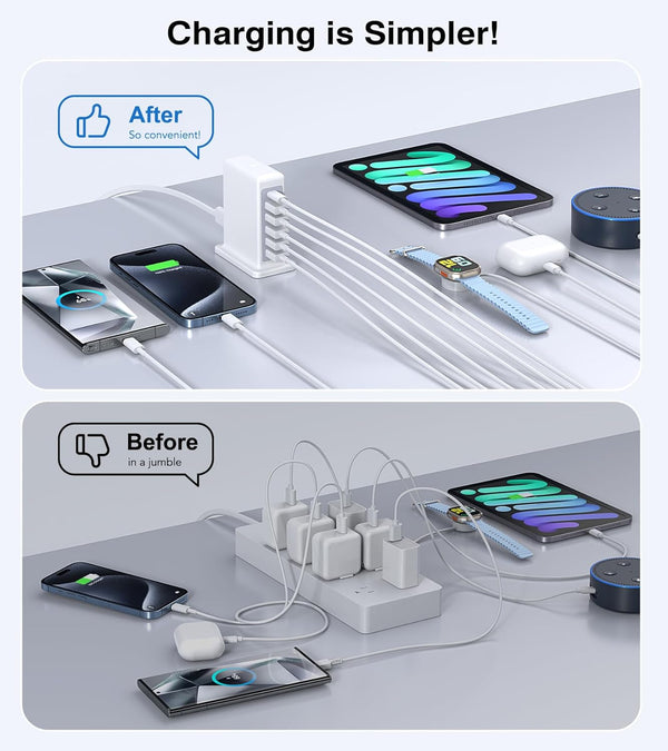 Charging Station for Multiple Devices, 45W 6 Port USB Charger Charging Block with 1 USB-C 5 USB-A Port, Power Strip Plug Charging Multi Travel