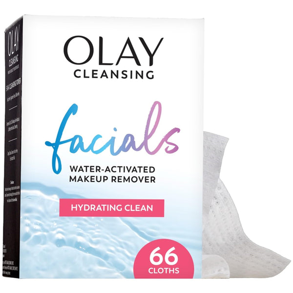 Olay Daily Facials, Daily Clean Makeup Removing Facial Cleansing Wipes, 5-In-1 Water Activated Cloths, Exfoliates, Tones and Hydrates Skin, 66 Count