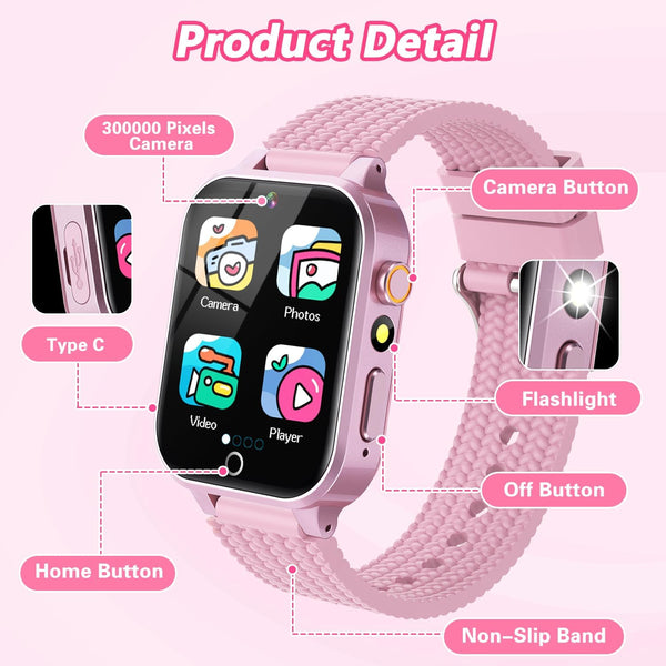 Smart Watch for Kids Girl Gift Ages 3-12, 2 Screen Protector, 26 Puzzle Games, HD Camera Video Music Player Touchscreen Pedometer, Educationtal