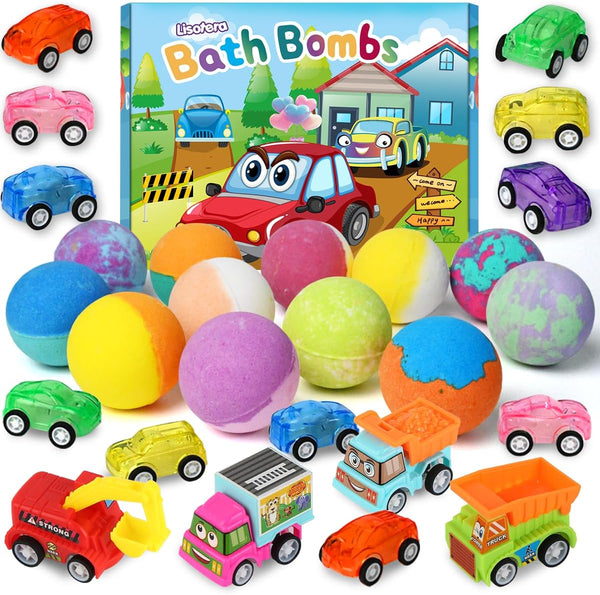 Bath Bombs for Kids with Surprise Inside, 9 Pack Pull-Back Cars Organic Rich Foam Color Bubble Set with 3 Multifunctional Vehicles, Gentle and