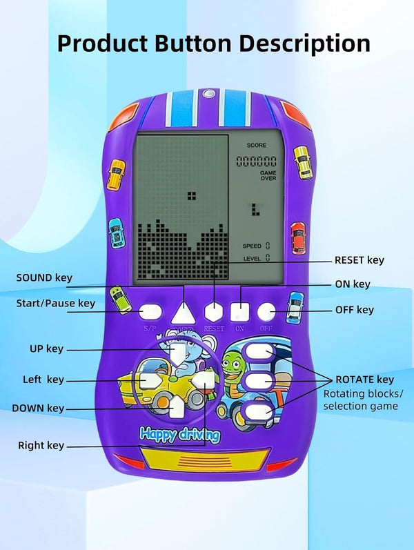Sports Car Appearance Block Game Console Big Screen Built-In 23 Brick Games 824 Modes Adjustable Speed/Difficulty 70S/80S/90S Handheld Game Decice