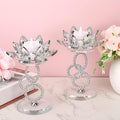 Ownmy Set of 2 Crystal Lotus Flower Candlestick Holders Metal Glass Lotus Pillar Candle Holders, Silver Crystal Lotus Votive Candlesticks Tealight