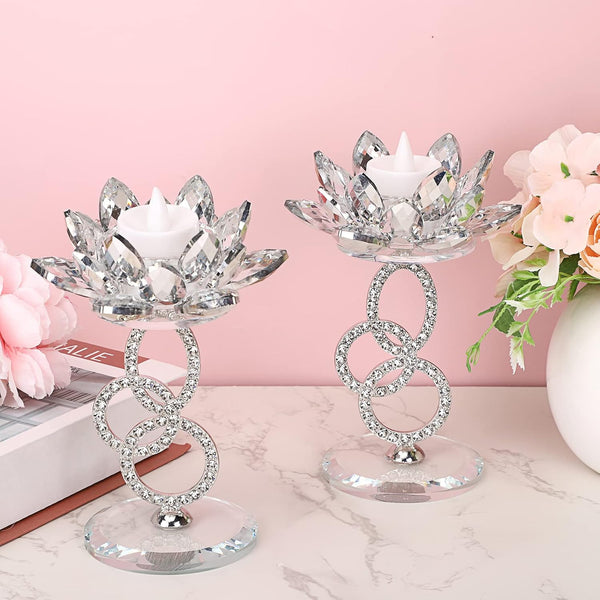 Ownmy Set of 2 Crystal Lotus Flower Candlestick Holders Metal Glass Lotus Pillar Candle Holders, Silver Crystal Lotus Votive Candlesticks Tealight