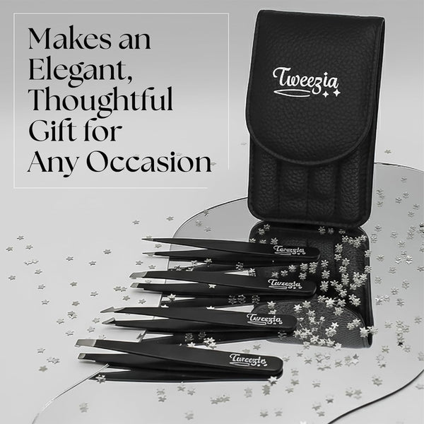 TWEEZIA Stainless Steel Tweezer Set - 4 Precision Tweezers with Mirror & Leather Case - Ideal Eyebrow Kit, Ingrown Hair Tweezers, Splinter Removal