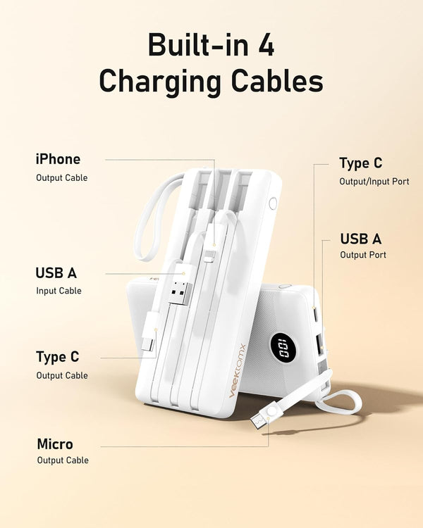 VEEKTOMX Portable Charger with Built in Cables 10000Mah, USB C Power Bank with 5 Outputs and LED Display, Small & Slim Battery Pack Compatible