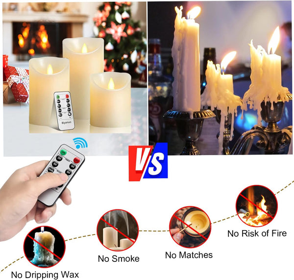 Flameless Battery Operated LED Candles With10Key Button Remote Control 24-Hour Timer Set of 3 Electric Flickering Pillar Real Waxï¼Wedding, Party,