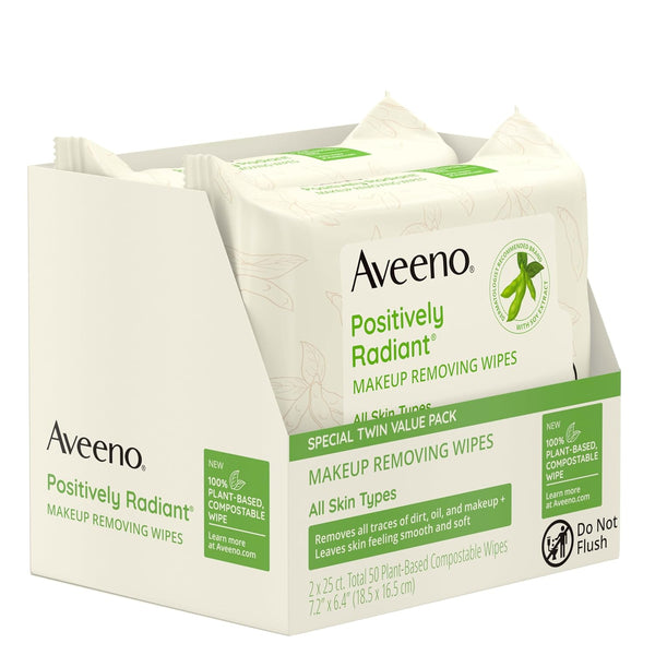 Aveeno Positively Radiant Oil-Free Makeup Removing Face Wipes to Help Even Skin Tone and Texture with Moisture-Rich Soy Extract, Gentle Facial