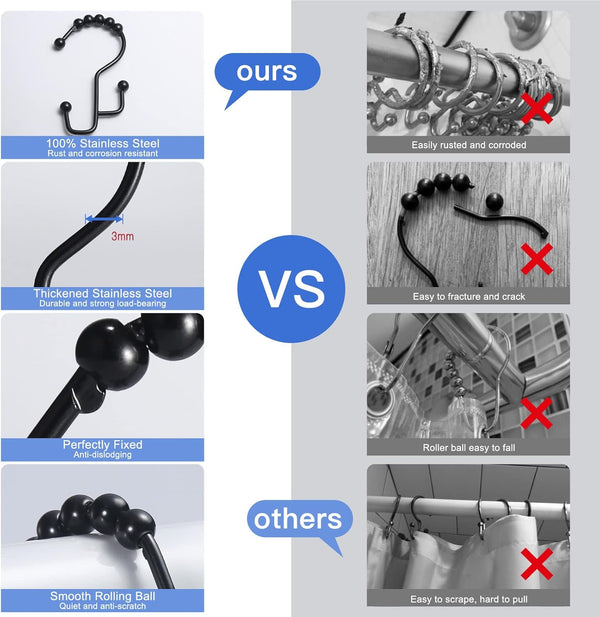 Shower Curtain Hooks, 12 Pcs Double Shower Curtain Hooks Rings, Black Shower Curtain Hooks Rust Proof, Stainless Steel Bathroom Shower Hooks for