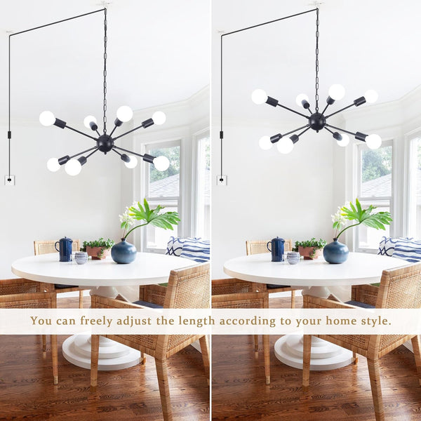 8 Lights Plug in Chandelier Sputnik Ceiling Light Fixture Black Hanging Lights with Plug in Cord 16.4ft Sputnik Chandeliers for Dining Room Living