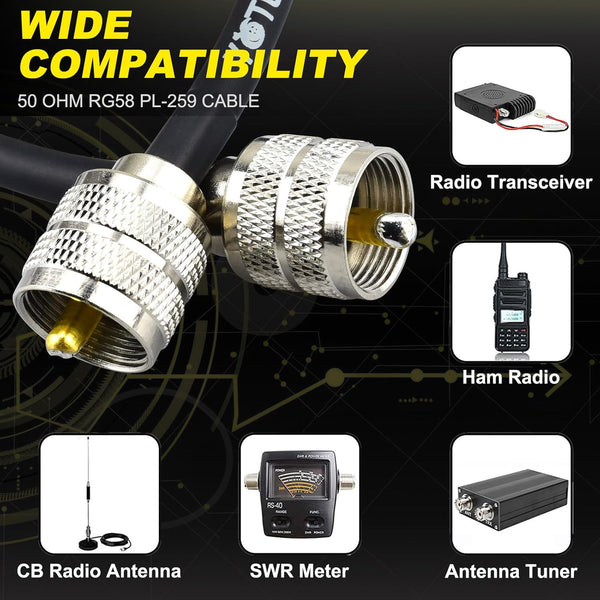 RG58 Coaxial Cable 49.2Ft, CB Coax Cable, UHF PL259 Male to Male Coaxial 50 Ohm Coax Low Loss for HF VHF CB Radio, Ham Radio, SWR Meter, Scanner,