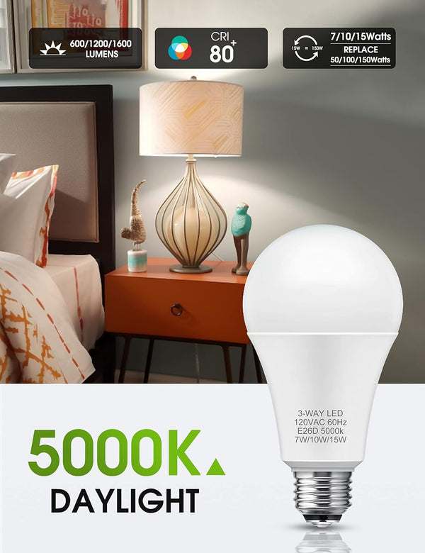 3 Way Light Bulbs, LOHAS 3 Way LED Light Bulbs 50 100 150W Equivalent, Daylight White 5000K, Three Way A19 Light Bulbs, E26 Base LED Bulbs for