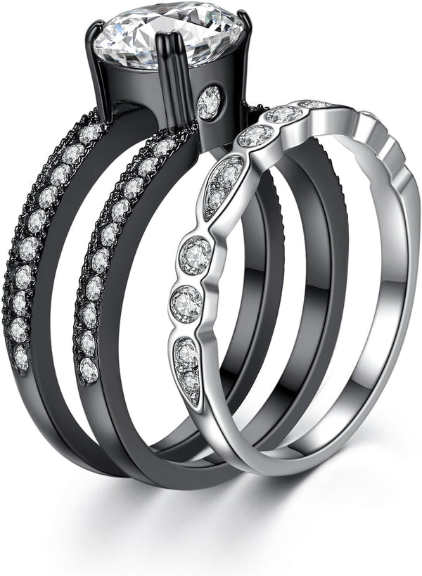 MABELLA Couple Rings Black MenâS Titanium Matching Band Women CZ Stainless Steel Engagement Wedding Sets