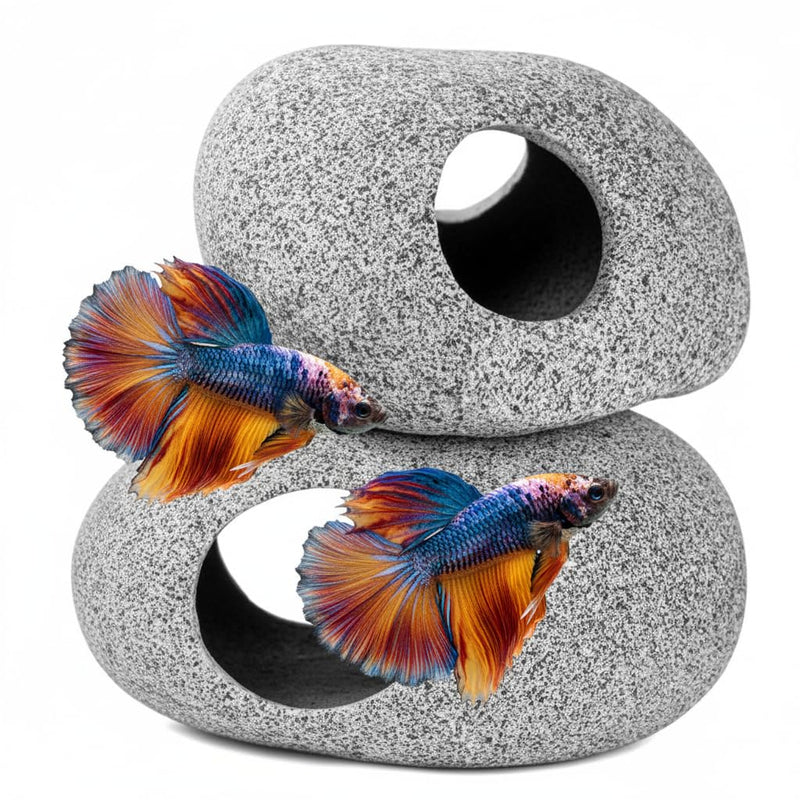 Aquarium Cave Decor - 2 PCS Natural Fish Tank Rocks for Betta Hideout and Shrimp Breeding, Hand-Polished Smooth Edges, PH Neutral, Ideal for 5-20