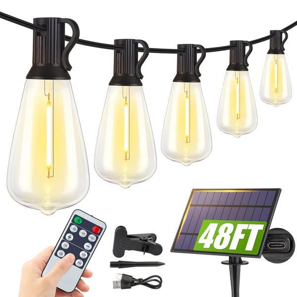 48FT Solar String Lights Outdoor with Remote, Waterproof Dimmable Patio Lights with 18+1 LED ST38 Bulbs 3 Modes Hanging Lighting for Backyard