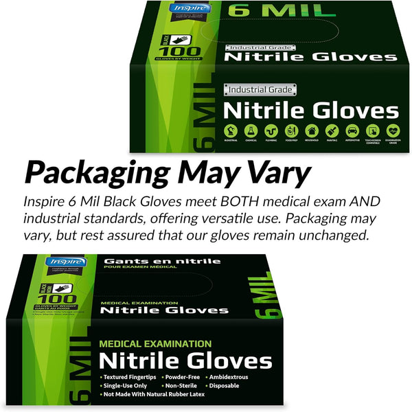 Inspire Black Nitrile Gloves HEAVY DUTY 6 Mil Nitrile Chemical Resistant Medical Cooking Cleaning Disposable Black Gloves Medium Black 6mil Box of 100