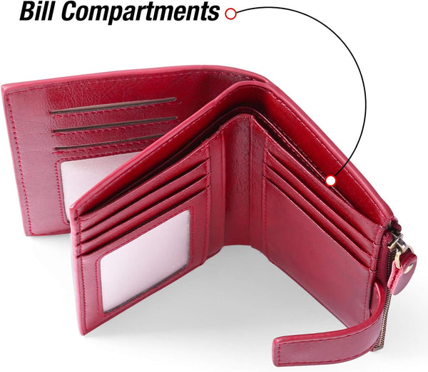 GOIACII RFID Women's Wallet Small Ladies Credit Card Holder Leather with Zipper Pocket 4 ID Windows Wine Wax Red A01 Wax Wine Red