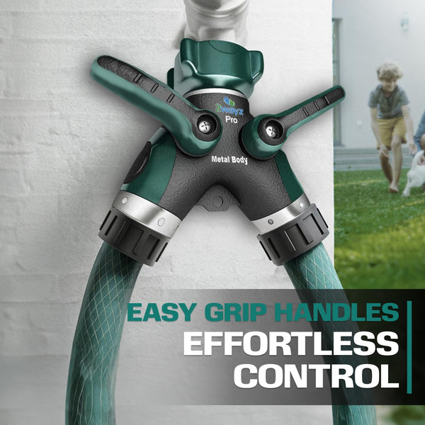 2WAYZ Hose Splitter 2 Way Heavy Duty Outdoor Faucet and Garden Connector - Water Spigot Splitter - Durable All-Metal Y Adapter with Shut-Off Valve