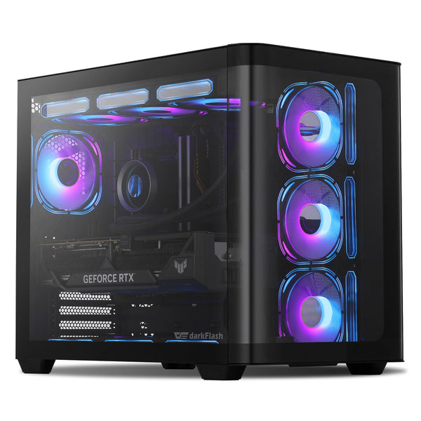 Darkflash ATX Mid-Tower Gaming PC Case, Back Plug-In BTF Motherboard, with 4 ARGB Fans Computer Case, Full View Curve Glass Dual-Chamber PC Case,