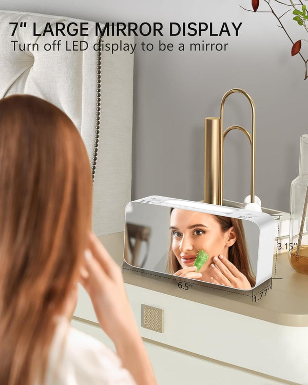 RGB Digital Mirror Alarm Clock, 15 Dynamic Color & 7" Large Screen, 7-Color Night Light, 2 USB Charger, 2 Loud Alarm,4 Dimmable Level,Battery
