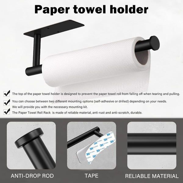 Paper Towel Holder under Cabinet Wall Mount,Self Adhesive and Drilling Paper Towel Holders,Sus304 Stainless Steel Paper Towel Roll Rack,Black