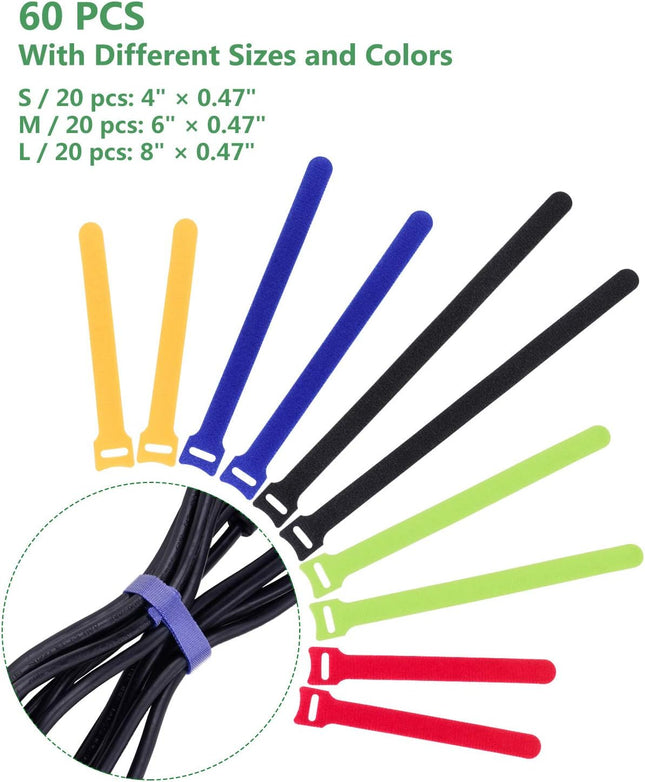 Oneleaf 60 Pcs Reusable Fastening Cable Ties with Hook and Loop, Multi-Purpose Cable Straps Wire Ties Cable Management, 