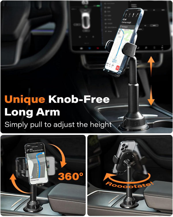 Apps2Car Universal Car Cup Phone Holder | Quick Extension Long Arm | 360Â° Swivel | Adjustable for Iphone, Samsung, Google, and All Smartphones |