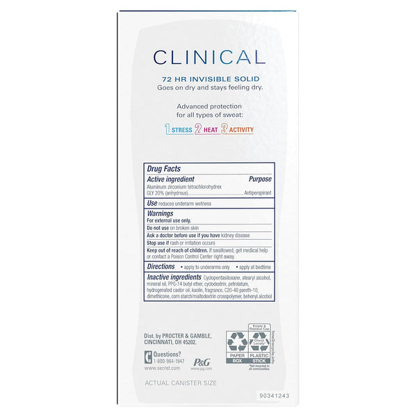 Secret Clinical Strength Antiperspirant Deodorant for Women, Stress Response, 3X Stress Protection, 72Hr Sweat & Odor Protection, PH Balancing