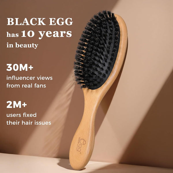 BLACK EGG Boar Bristle Hair Brush for Women Men Kid, Soft Natural Bristles Brush for Thin and Fine Hair, Restore Shine and Texture, Set Includes