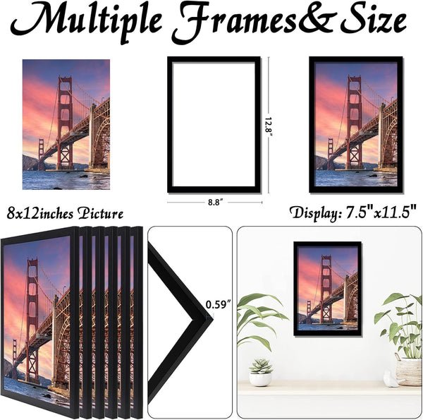 6 Sets 8X12 Picture Frame, Frames for 8 X 12 Canvas Collage Photo Poster Certificate Wall Gallery, High Transparent Horizontal Vertical Black 8 by