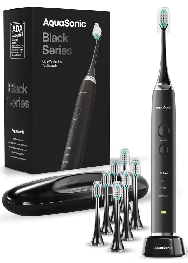Aquasonic Black Series Ultra Whitening Toothbrush â ADA Accepted Electric Toothbrush- 8 Brush Heads & Travel Case â 