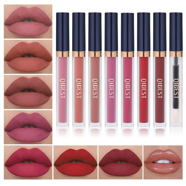 QiBest 7Pcs Matte Liquid Lipstick + 1Pcs Lip Plumper Makeup Set Kit, Pigmented Long Lasting Lip Gloss Set, Velvet Waterp