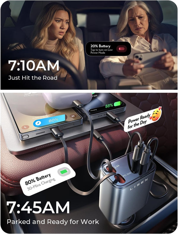LISEN Retractable Car Charger, 69W USB C Car Accessories Adapter for Iphone 16 USB C Charger Fast Charging, Fathers Day for Gifts, Travel