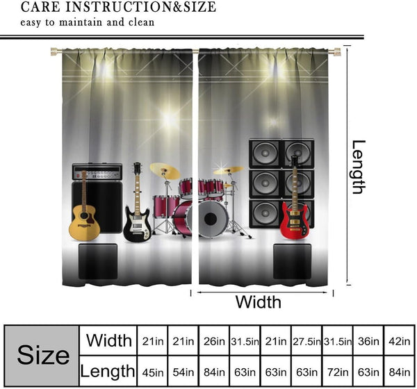 Rock Music Curtains, Teens Boys Electronic Musical Instrument Curtain Guitar Drum Speaker Window Drapes for Bedroom Living Room 42" W X 45" L